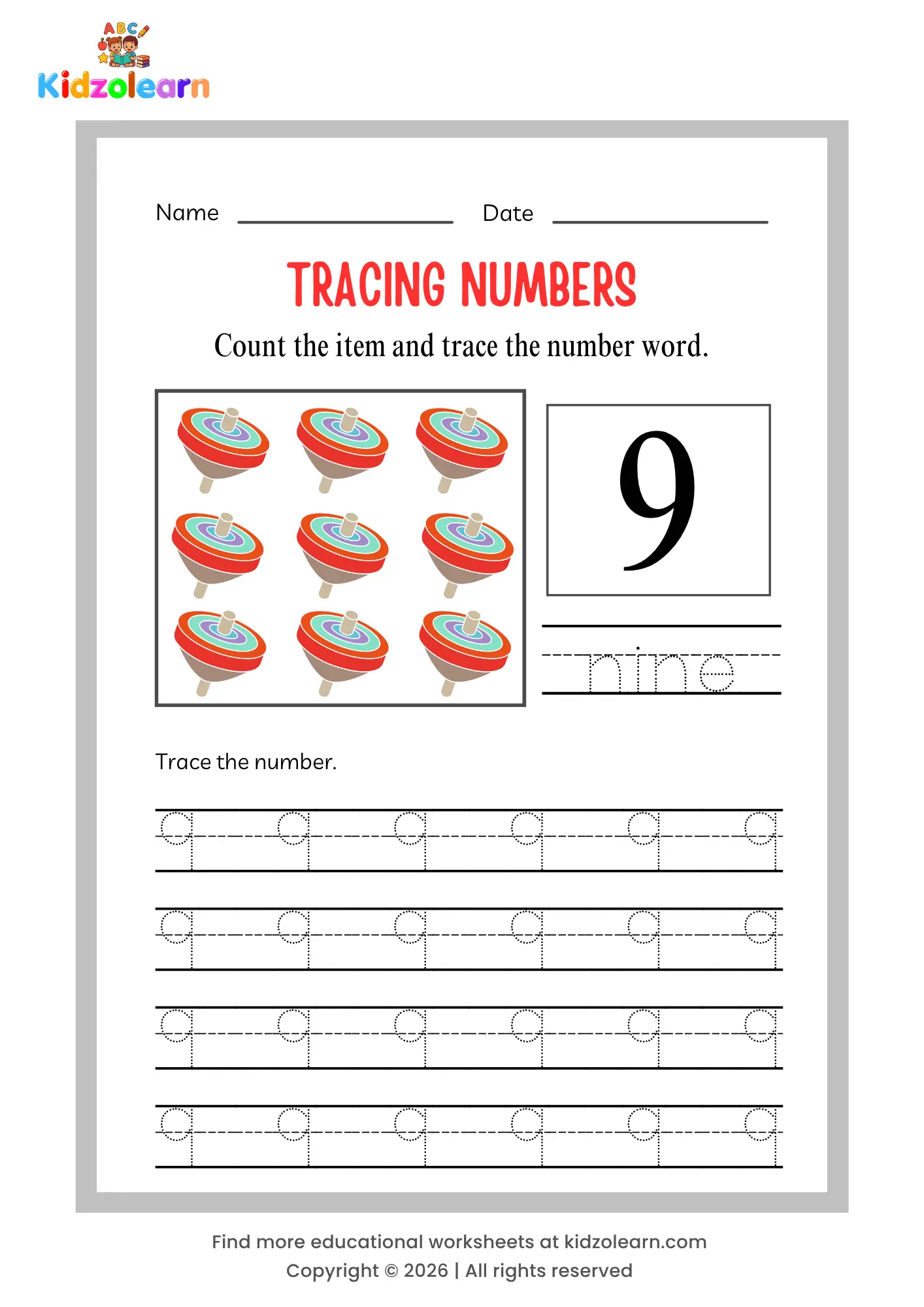 Free number 9 tracing worksheet for kids – printable PDF with dotted number tracing, number word tracing, and nine spinning tops counting picture
