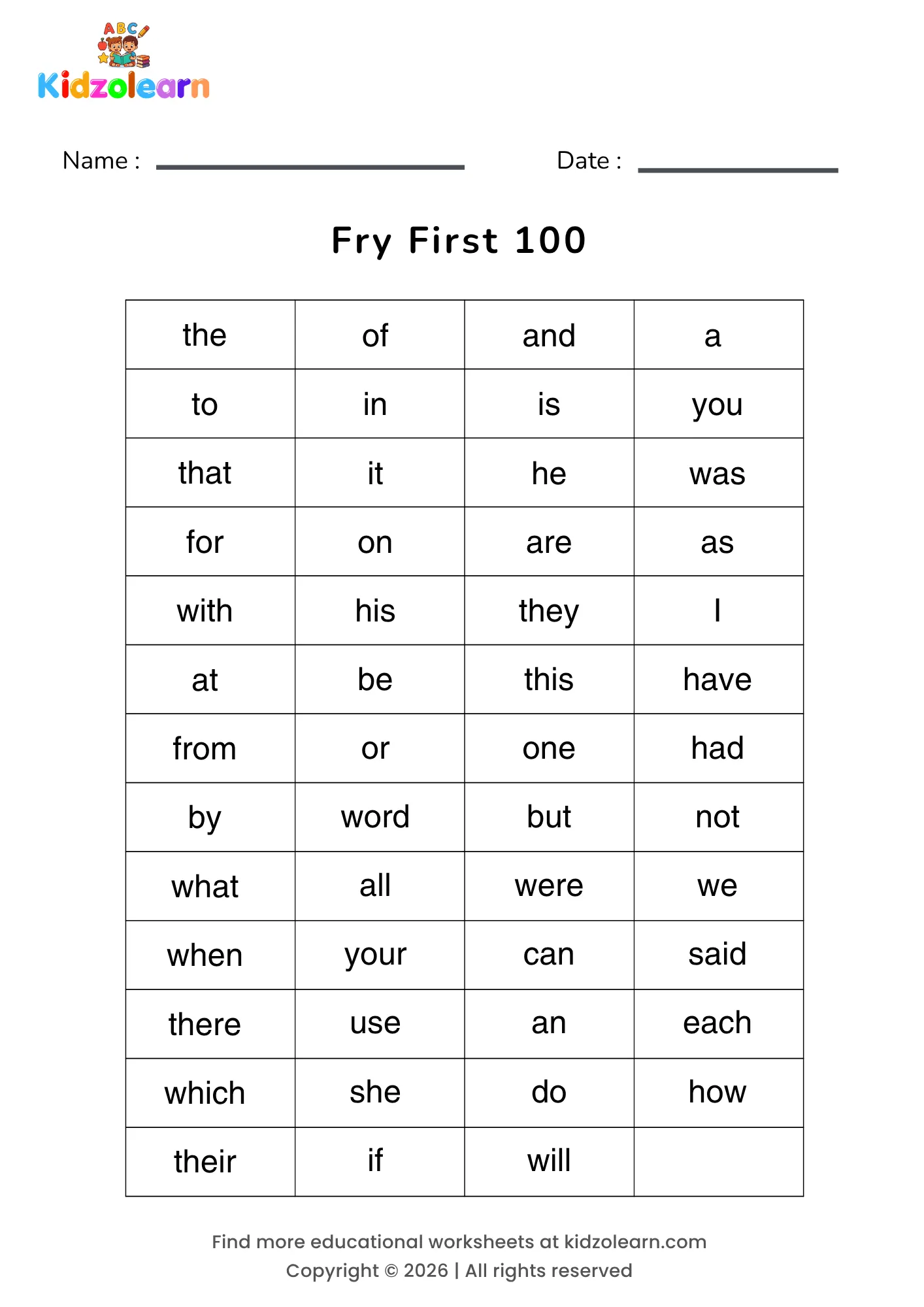 Free fry first 100 sight words worksheet – printable PDF with 51 of the most frequent words from Dr. Edward Fry's well-known First 100 word list — including the, of, and, a, to and in — words that make up a huge share of everyday reading text