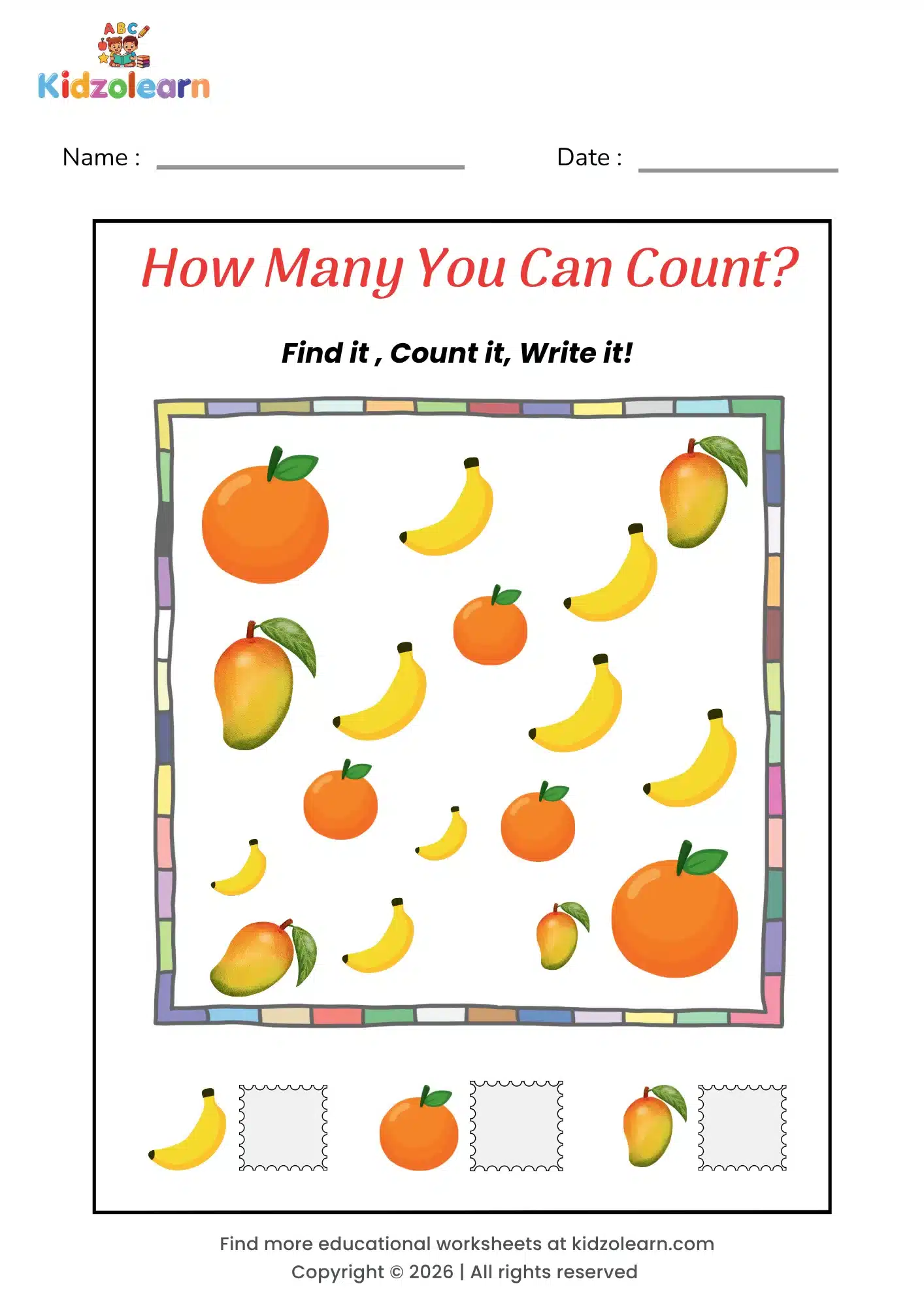 Free how many can you count worksheet for kids – printable PDF with fruit-themed find, count & write counting activity