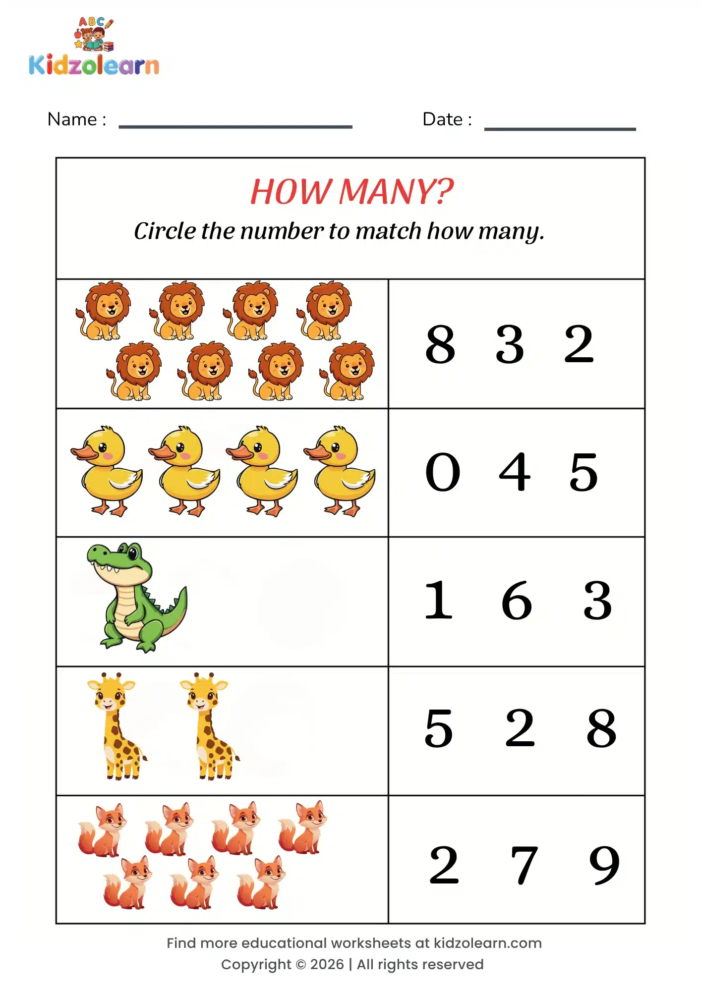 Free how many objects worksheet for kids – printable PDF with animal-themed circle the number counting activity