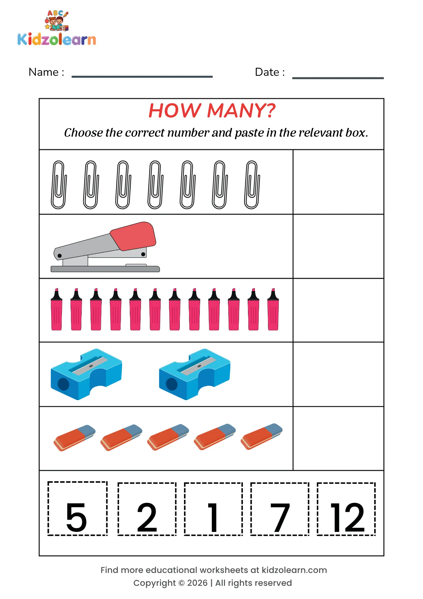 Free how many worksheet for kindergarten for kids – printable PDF with office supply-themed choose & paste the number counting activity