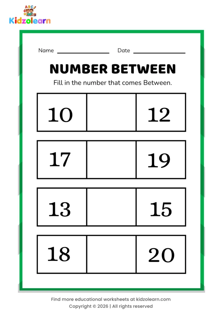 Free in-between numbers worksheet for kids – printable PDF with box-themed number between activity, numbers 10-20