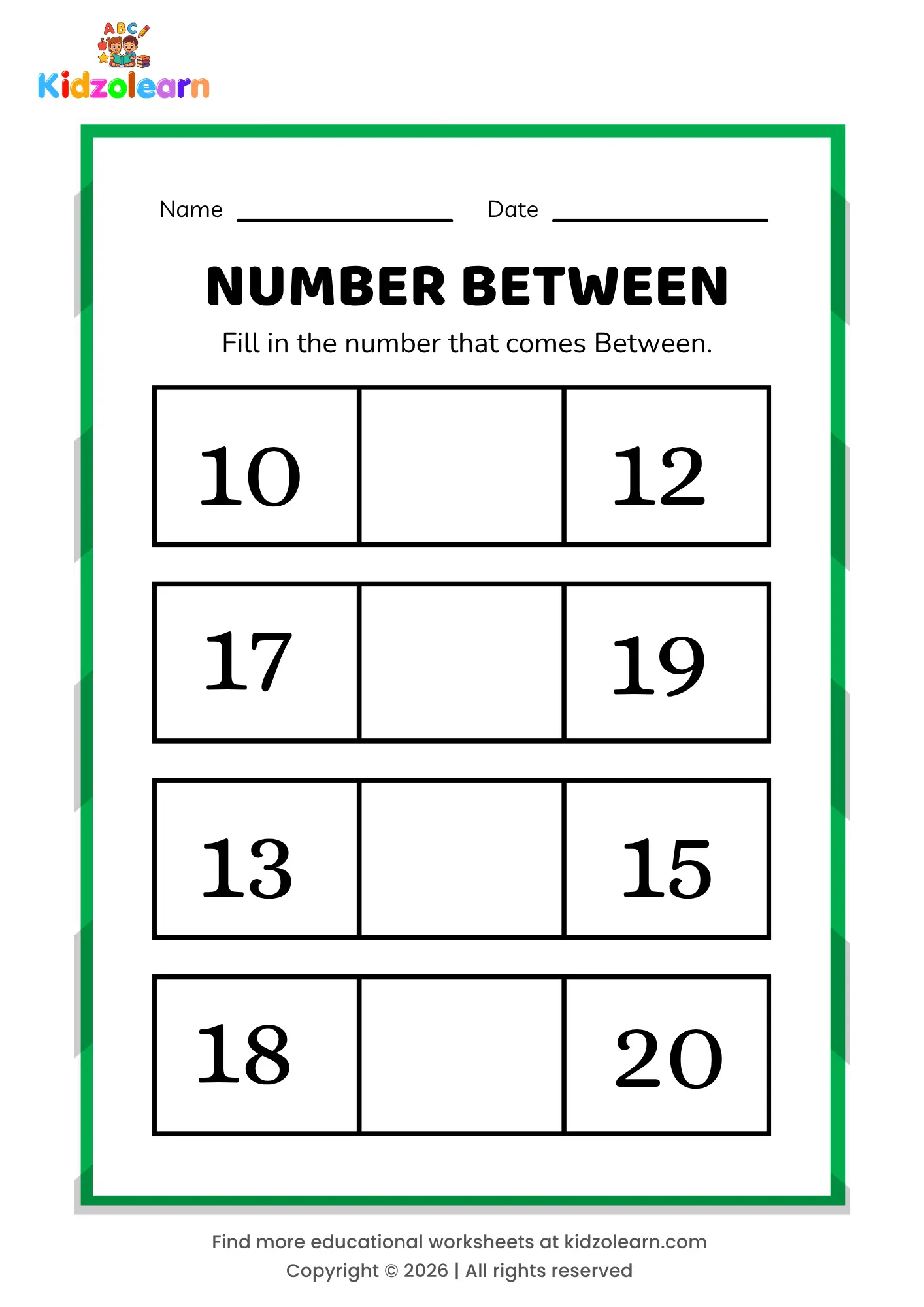 Free in-between numbers worksheet for kids – printable PDF with box-themed number between activity, numbers 10-20