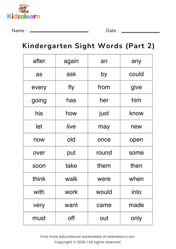 Free Sight Words Worksheet For Kindergarten – printable PDF with the second set of 52 Kindergarten-level sight words — including after, again, an, any, as, ask and by — building on Part 1 with slightly less frequent words