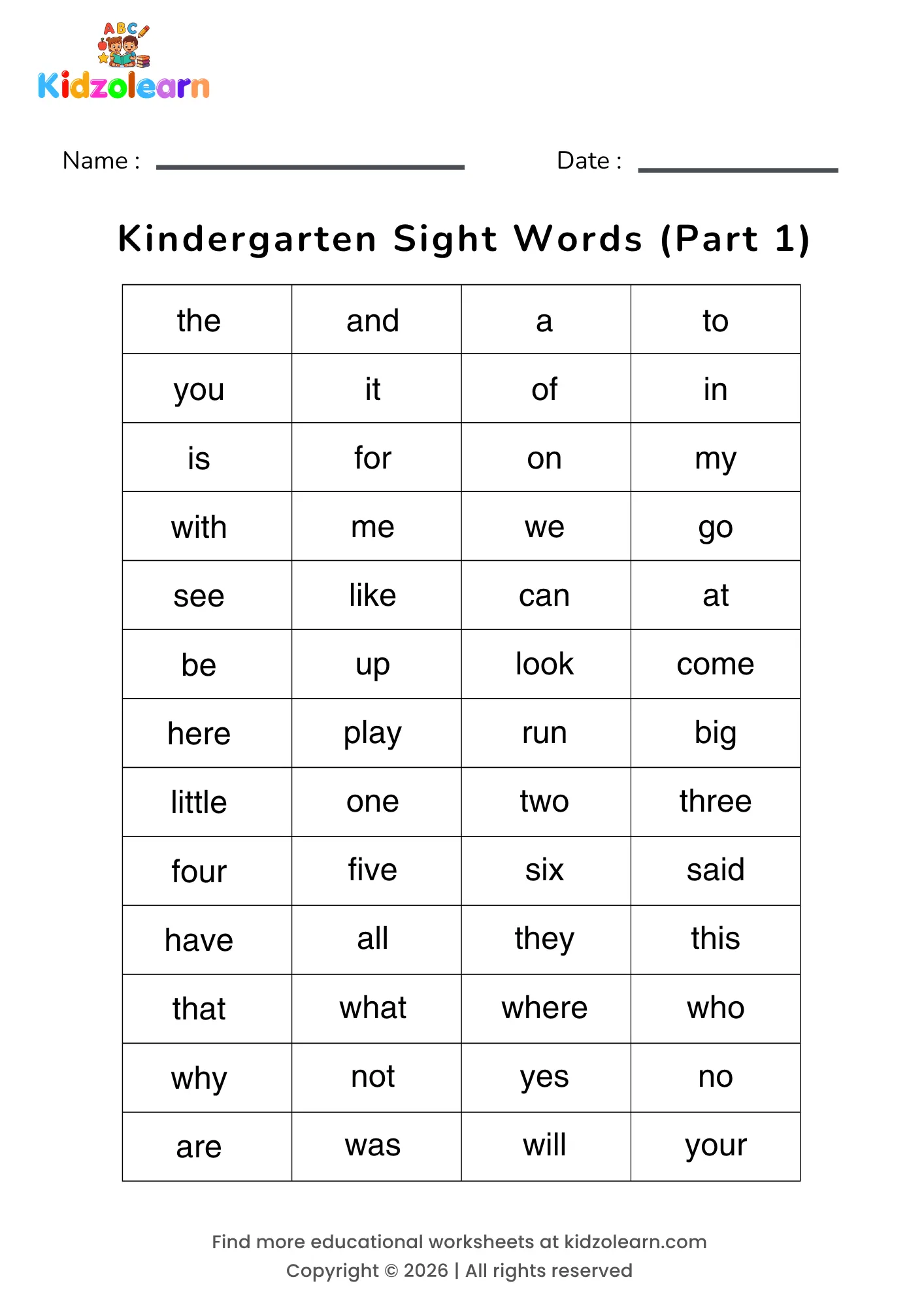 Free kindergarten sight words worksheet – printable PDF with the first 52 words in Kidzolearn's Kindergarten sight word set — including the, and, a, to, you, it, is and for — laid out in a simple four-column grid