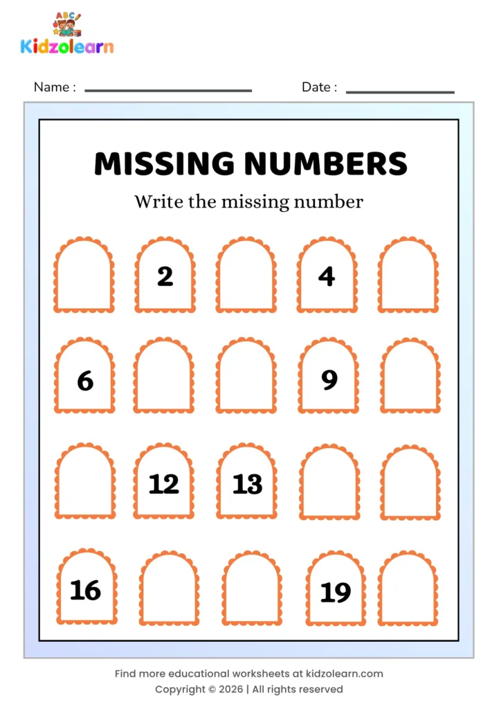 Free missing number worksheet for kindergarten for kids – printable PDF with arch-themed missing numbers activity, numbers 1-20