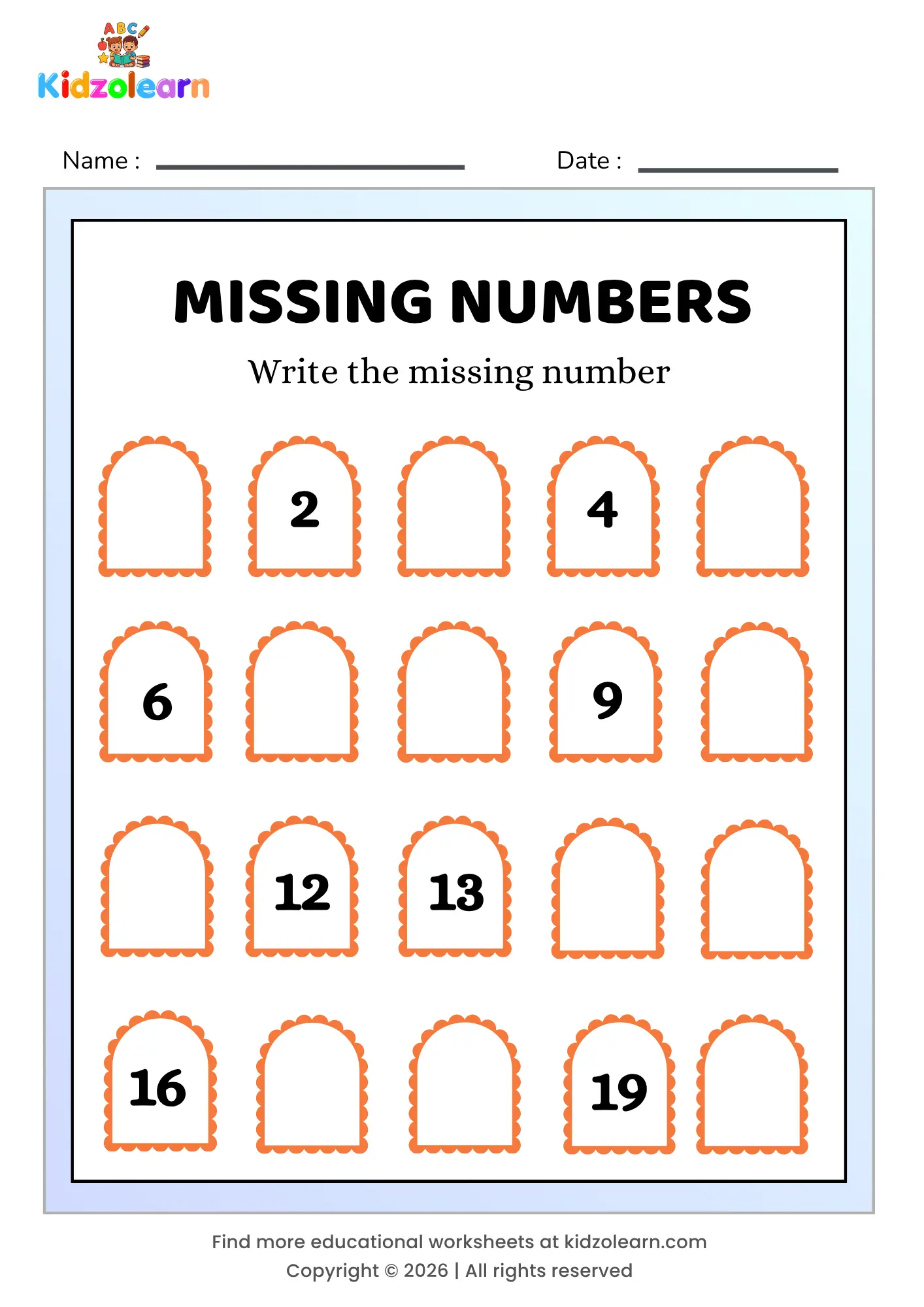 Free missing number worksheet for kindergarten for kids – printable PDF with arch-themed missing numbers activity, numbers 1-20