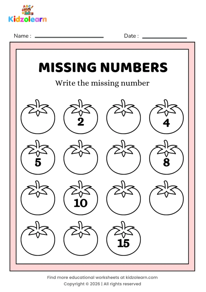 Free missing numbers worksheet for kids – printable PDF with tomato-themed missing numbers activity, numbers 1-15