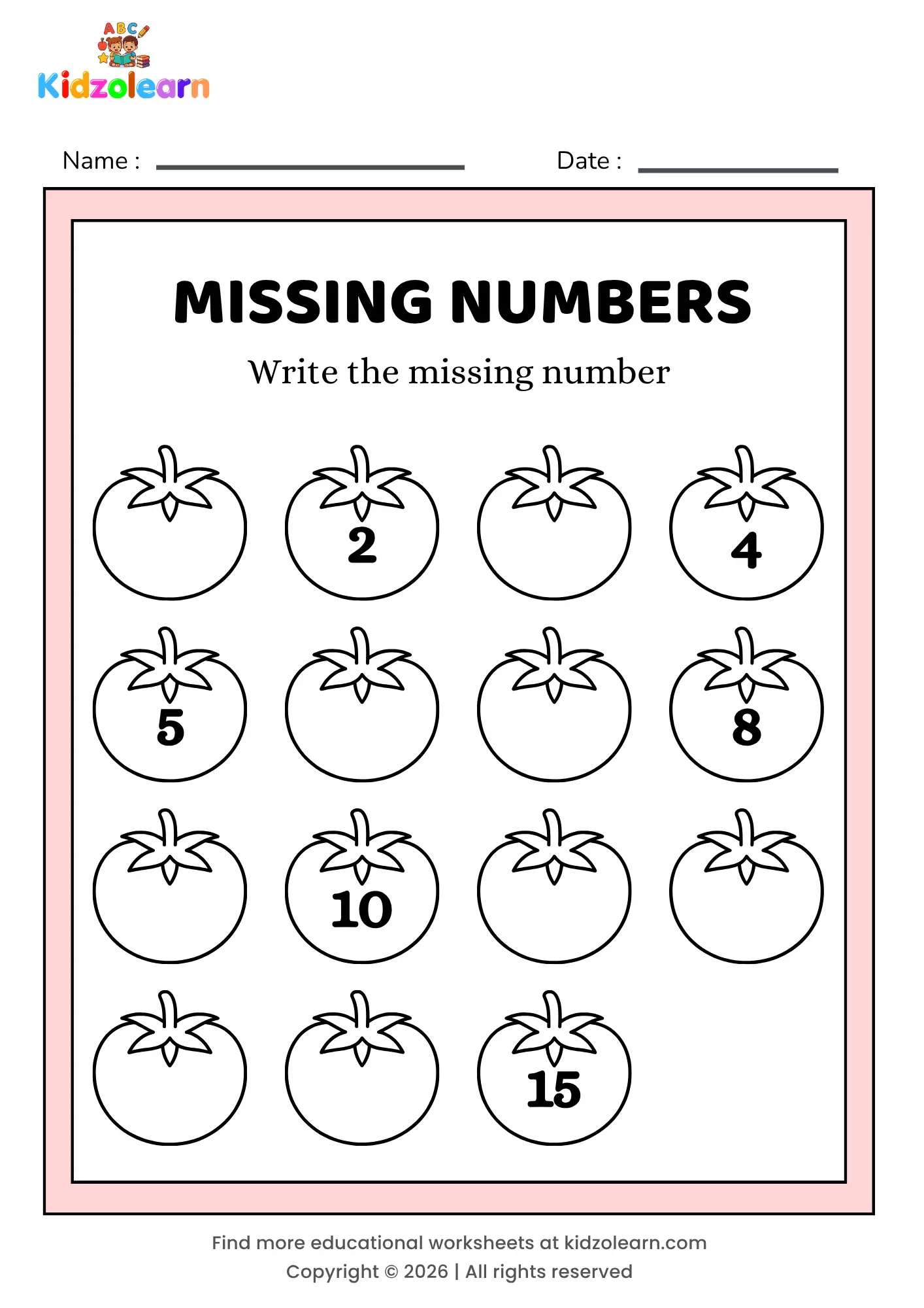 Free missing numbers worksheet for kids – printable PDF with tomato-themed missing numbers activity, numbers 1-15