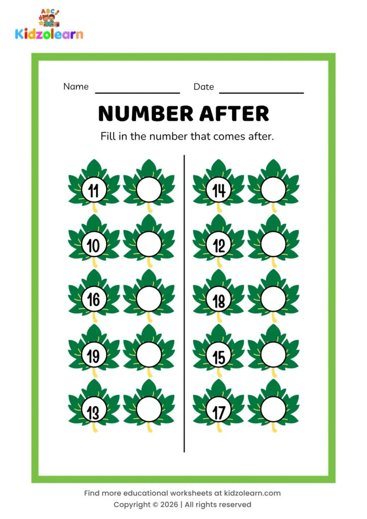 Free number after worksheet for kids – printable PDF with maple leaf-themed number after activity, numbers 11-20