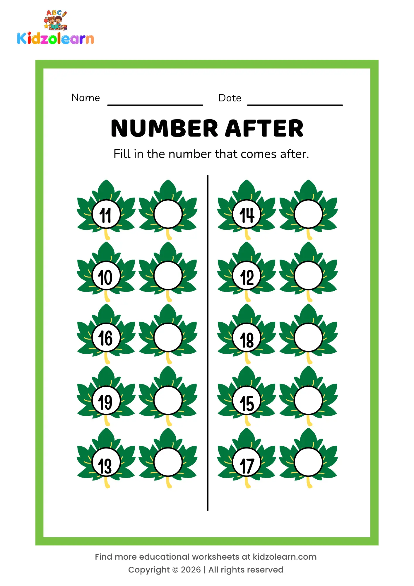 Free number after worksheet for kids – printable PDF with maple leaf-themed number after activity, numbers 11-20