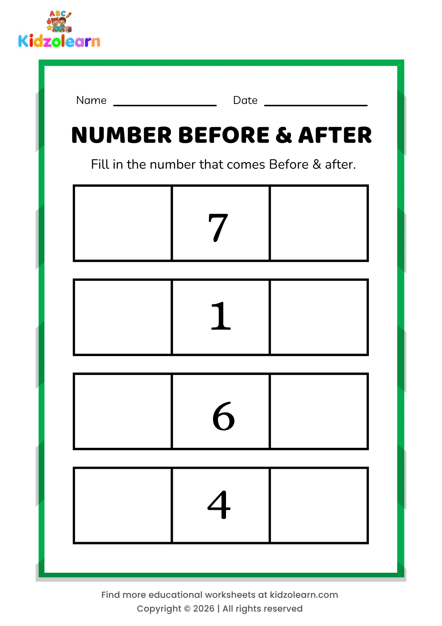 Free number before and after worksheet for kids – printable PDF with box-themed number before & after activity, numbers 1-10