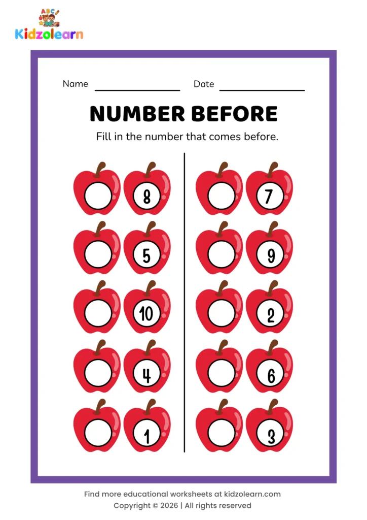 Free number before worksheet for kids – printable PDF with apple-themed number before activity, numbers 1-10