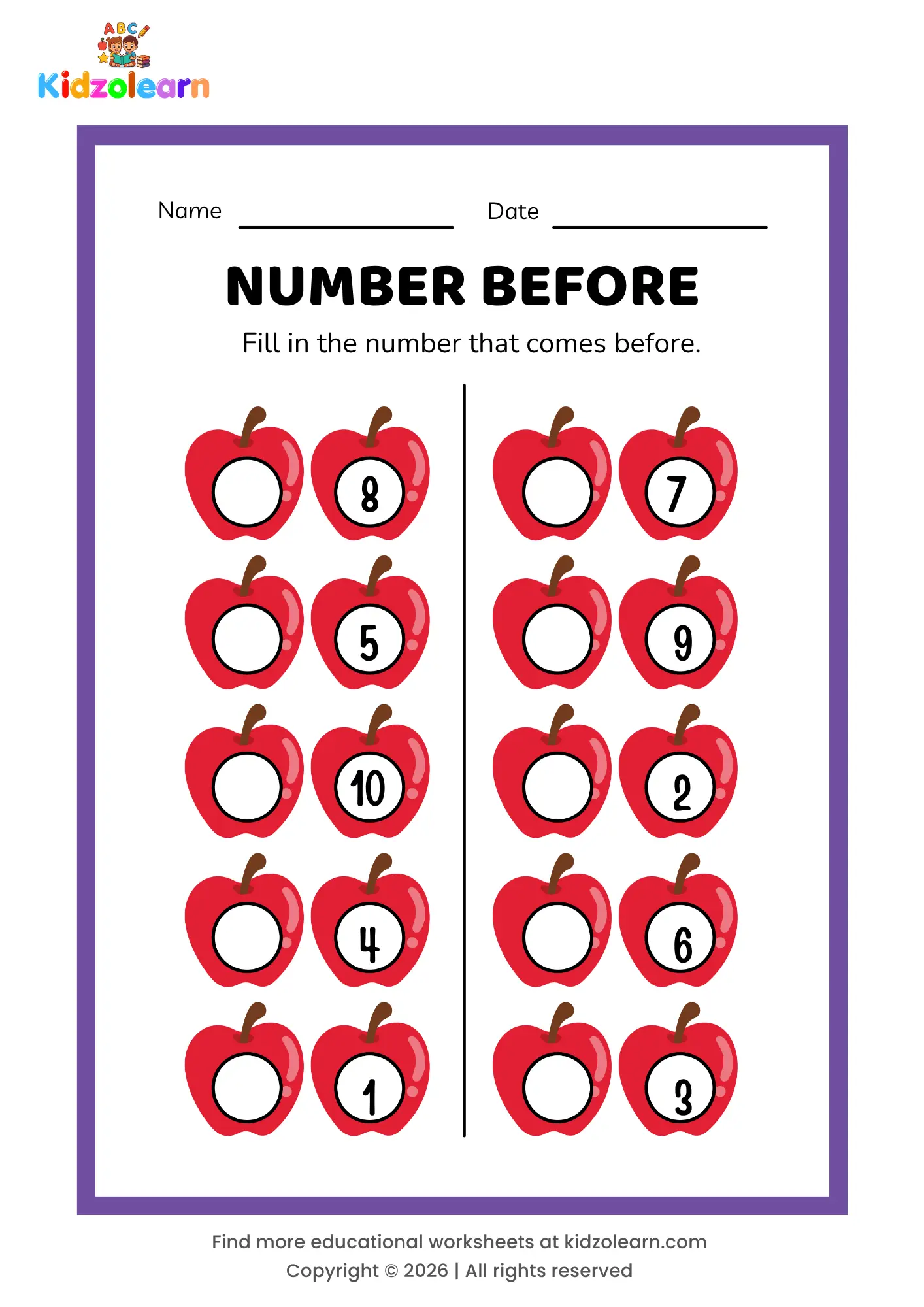 Free number before worksheet for kids – printable PDF with apple-themed number before activity, numbers 1-10