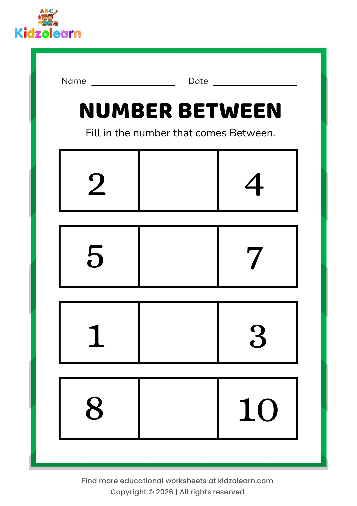 Free number between worksheet for kids – printable PDF with box-themed number between activity, numbers 1-10