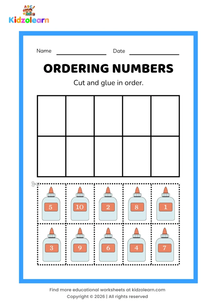 Free number ordering worksheet for kids – printable PDF with glue bottle-themed ordering numbers activity, numbers 1-10