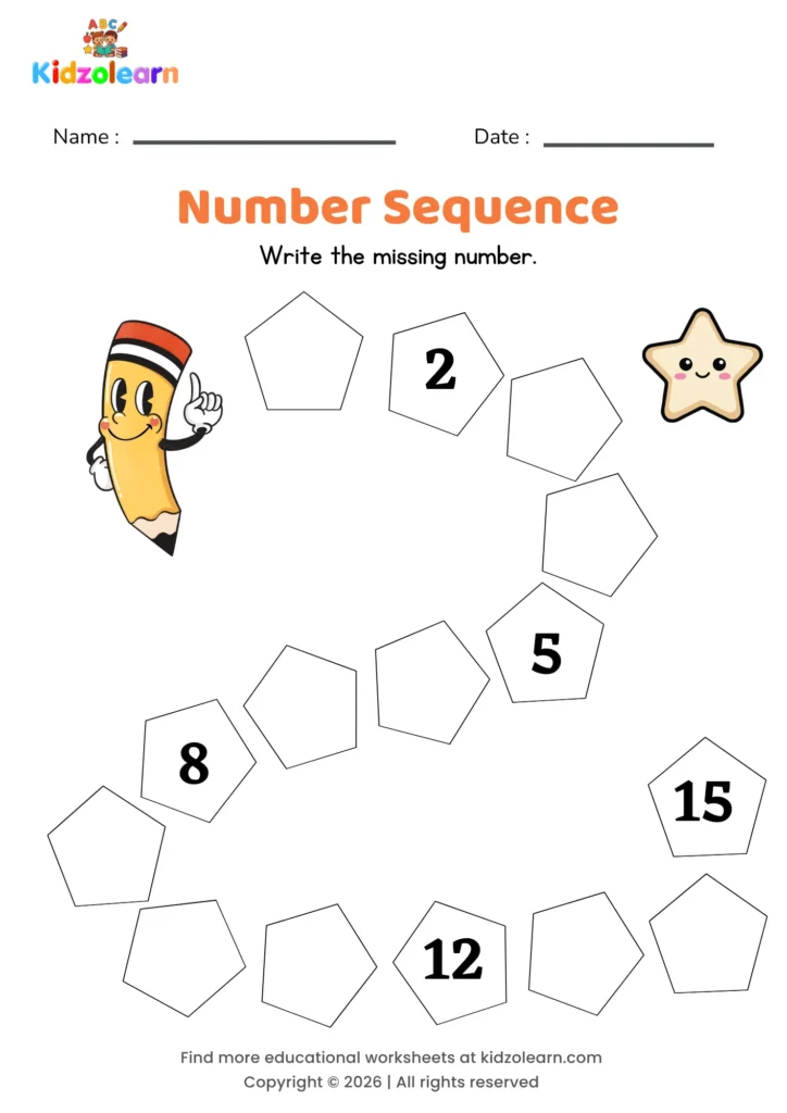 Free number sequence worksheet for kids – printable PDF with pentagon-themed number sequence activity, numbers 1-15