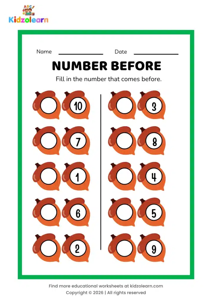 Free number that comes before worksheet for kids – printable PDF with acorn-themed number before activity, numbers 1-10