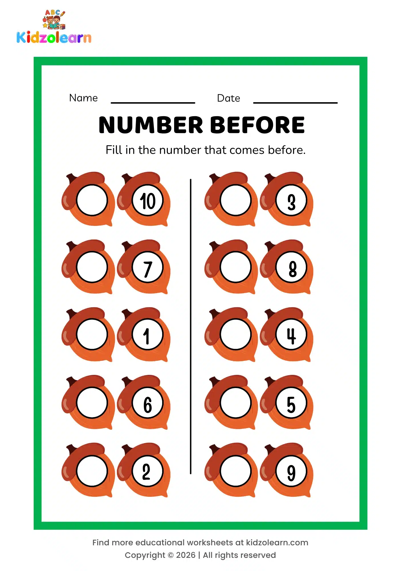 Free number that comes before worksheet for kids – printable PDF with acorn-themed number before activity, numbers 1-10