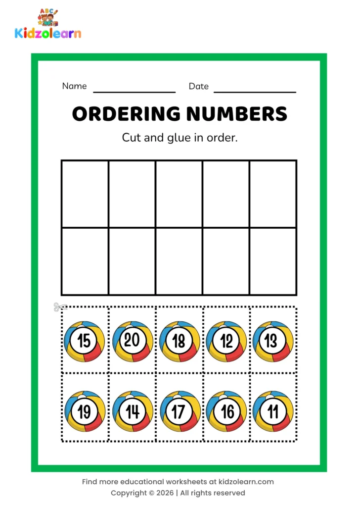 Free numbers in order worksheet for kids for kids – printable PDF with beach ball-themed ordering numbers activity, numbers 11-20