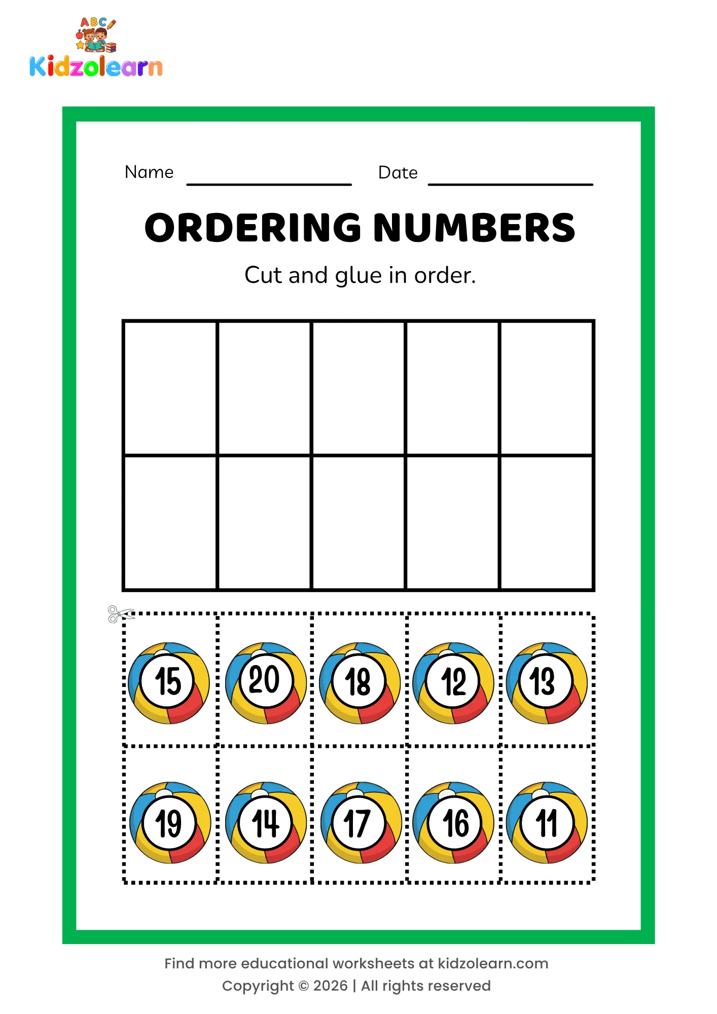 Free numbers in order worksheet for kids for kids – printable PDF with beach ball-themed ordering numbers activity, numbers 11-20