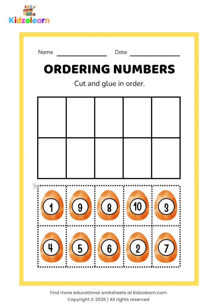 Free ordering numbers 1 to 10 worksheet for kids – printable PDF with egg-themed ordering numbers activity, numbers 1-10