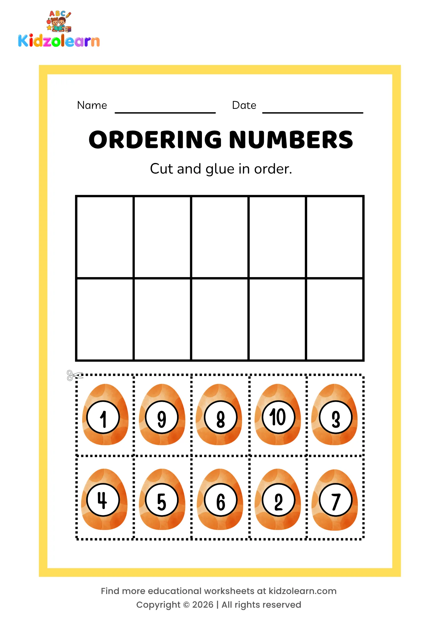 Free ordering numbers 1 to 10 worksheet for kids – printable PDF with egg-themed ordering numbers activity, numbers 1-10