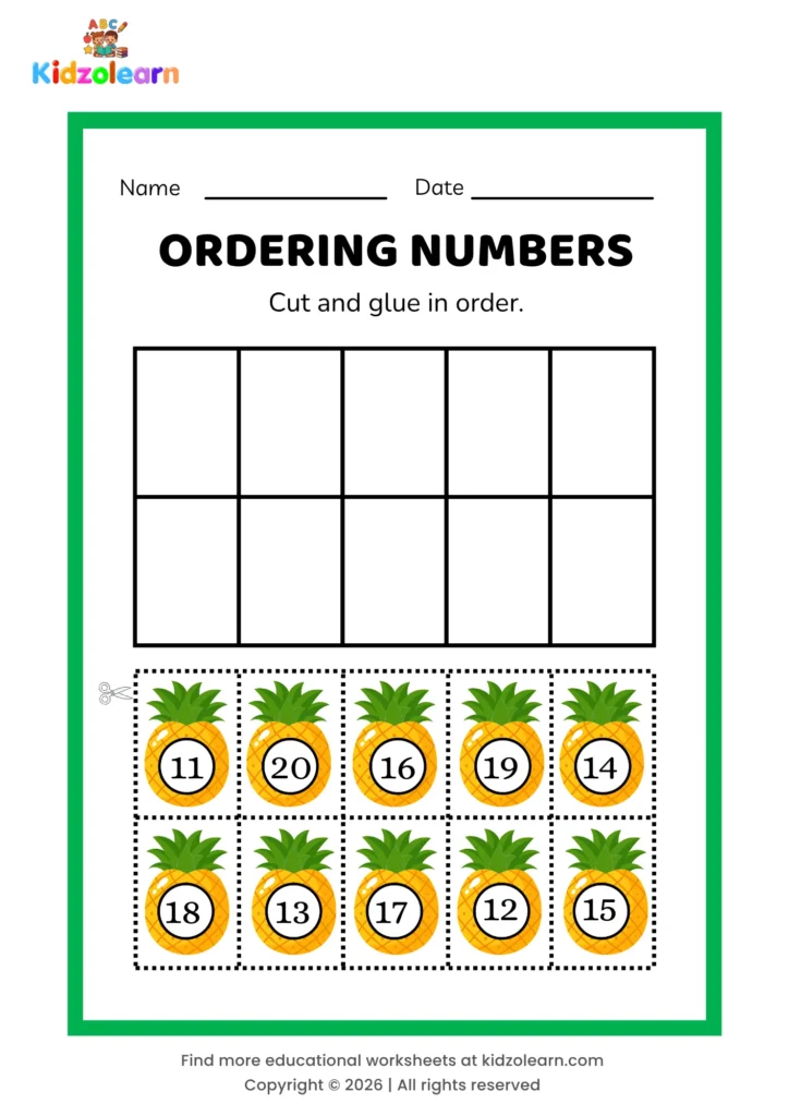 Free ordering numbers 11 to 20 worksheet for kids – printable PDF with pineapple-themed ordering numbers activity, numbers 11-20