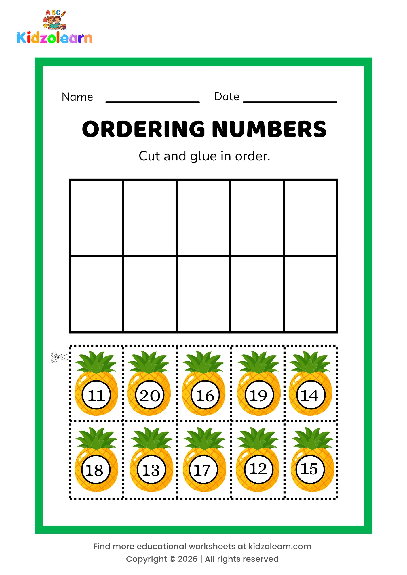 Free ordering numbers 11 to 20 worksheet for kids – printable PDF with pineapple-themed ordering numbers activity, numbers 11-20