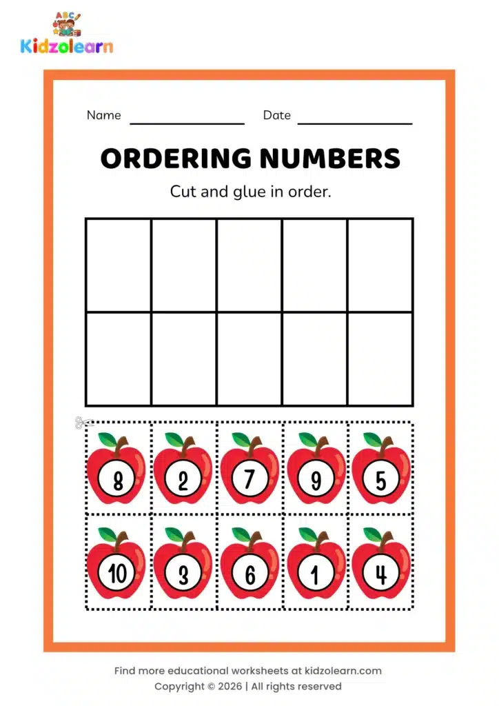 Free ordering numbers worksheet for kids – printable PDF with apple-themed ordering numbers activity, numbers 1-10
