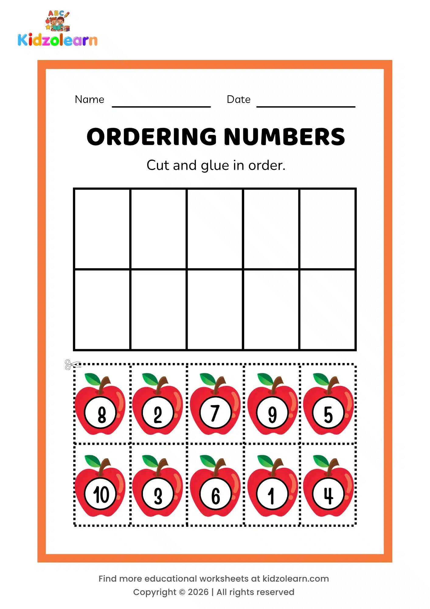 Free ordering numbers worksheet for kids – printable PDF with apple-themed ordering numbers activity, numbers 1-10