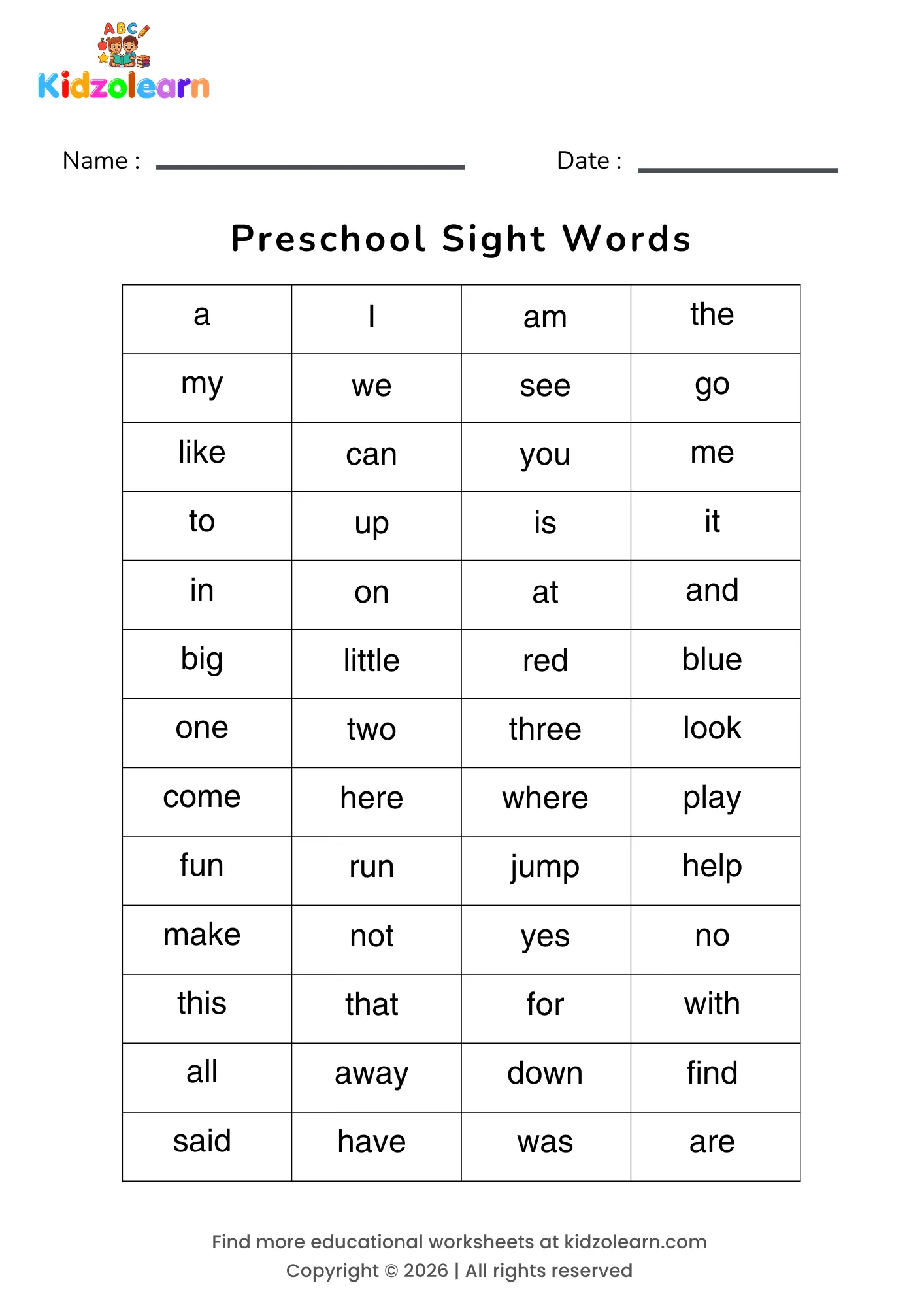 Free preschool sight words worksheet – printable PDF with 52 of the most common early sight words — including a, I, am, the, my, we, see and go — laid out in a simple four-column grid