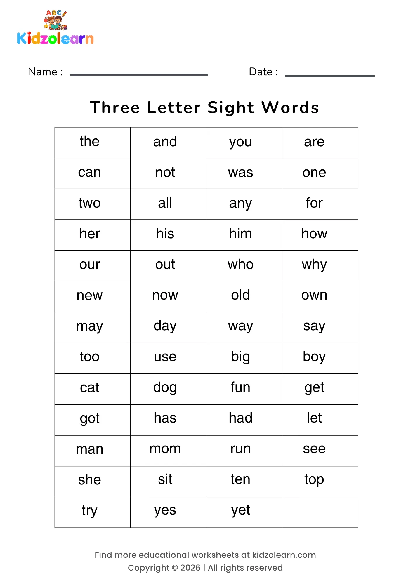Free three letter sight words worksheet – printable PDF with 51 common sight words that are exactly three letters long — including the, and, you, are, can and not — grouped for children practising short, high-frequency words