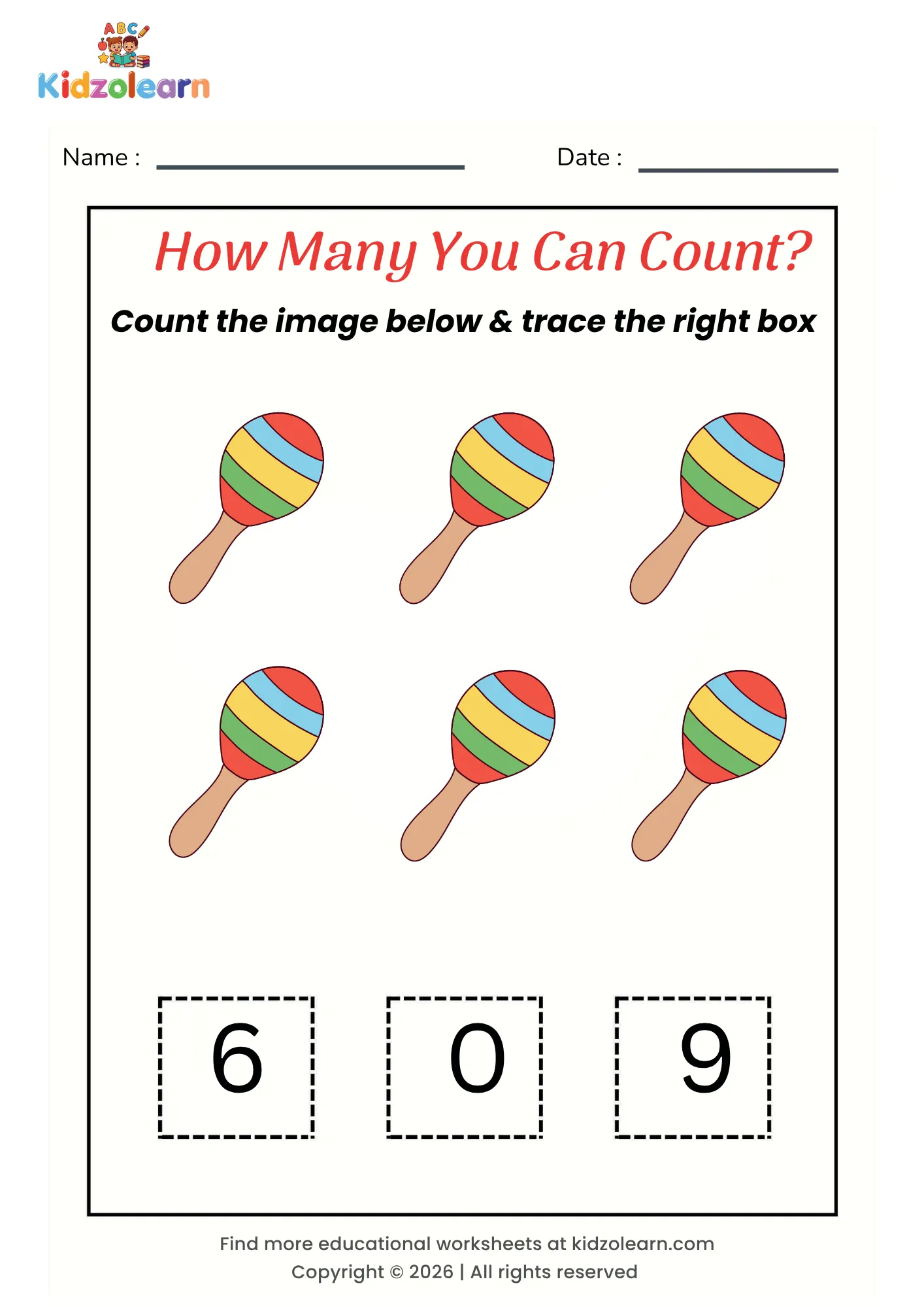 Free trace the correct number worksheet for kids – printable PDF with maraca-themed trace the correct number counting activity