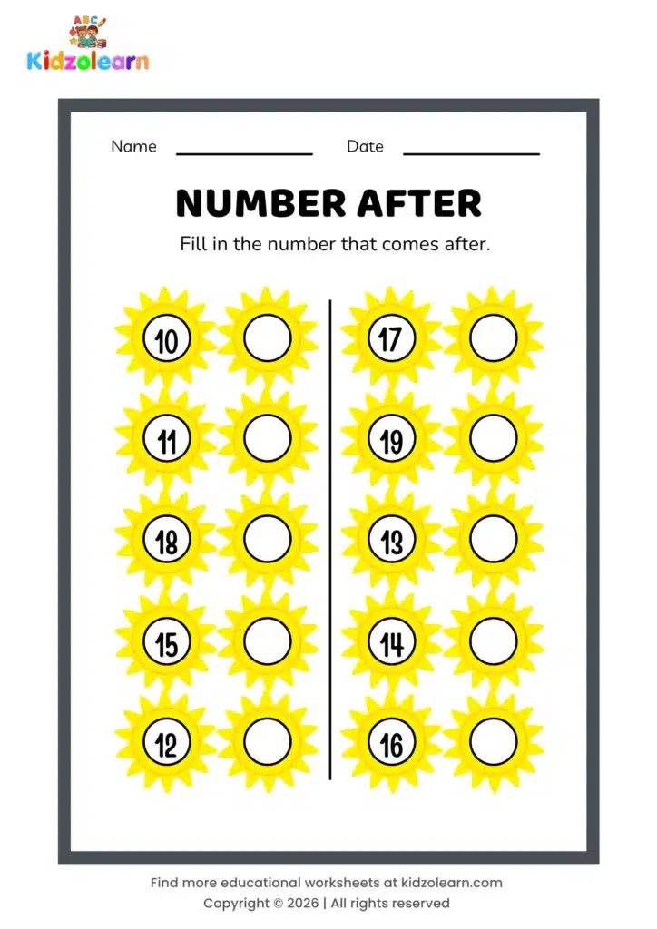 Free what comes after worksheet for kids – printable PDF with sun-themed number after activity, numbers 10-19