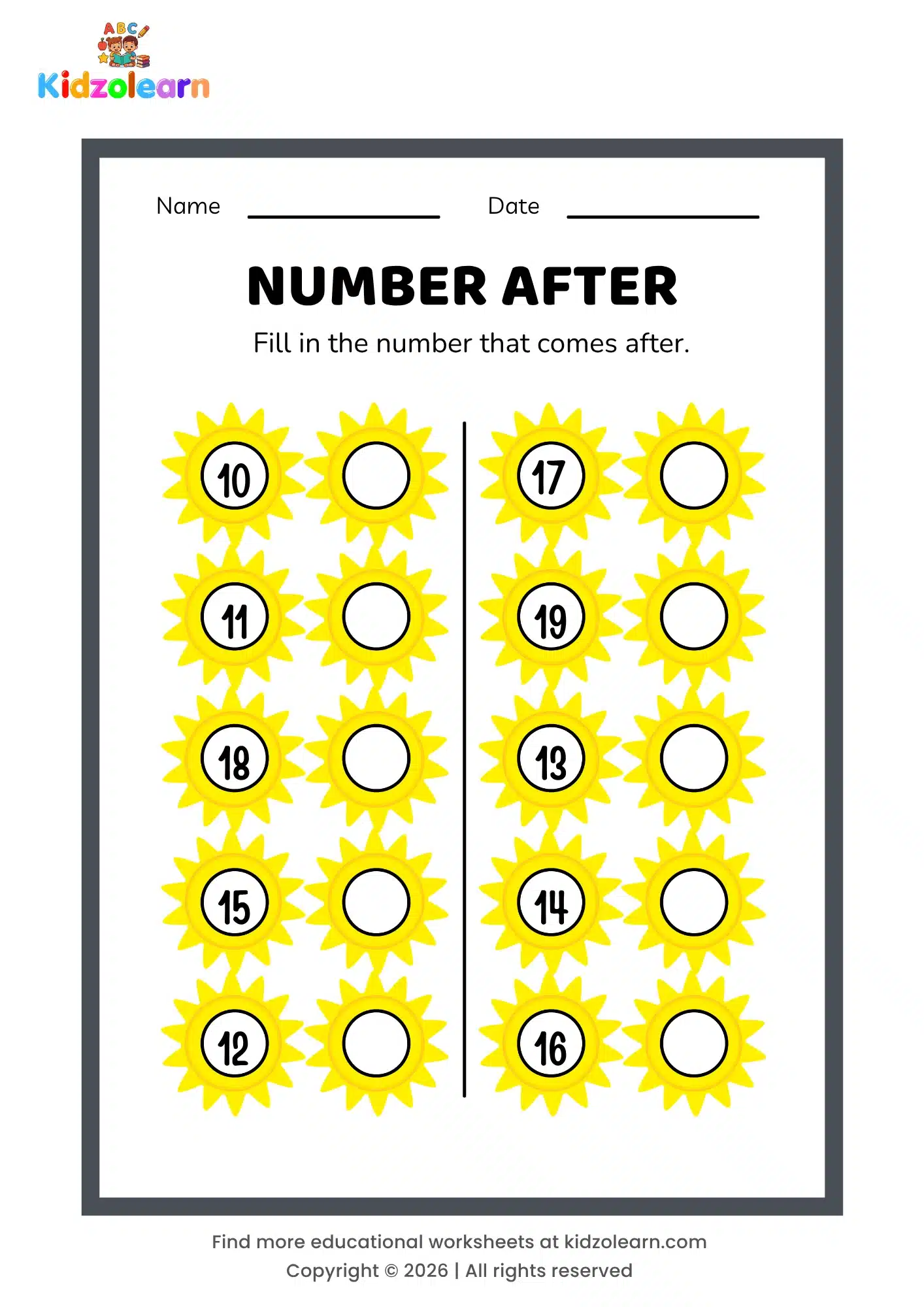 Free what comes after worksheet for kids – printable PDF with sun-themed number after activity, numbers 10-19