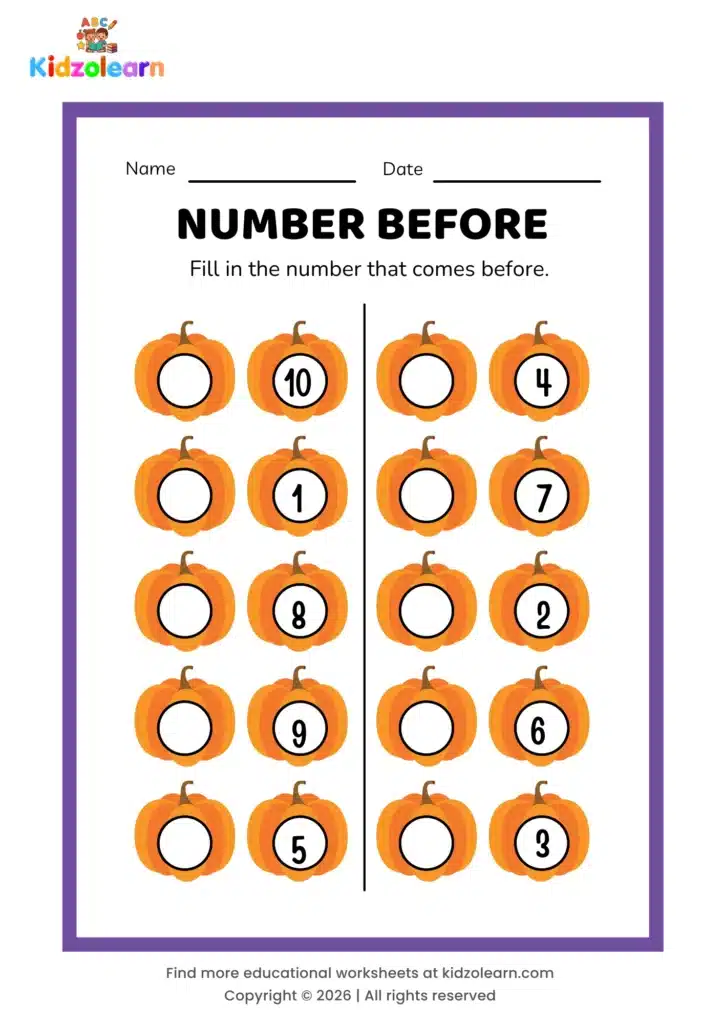 Free what comes before worksheet for kids – printable PDF with pumpkin-themed number before activity, numbers 1-10
