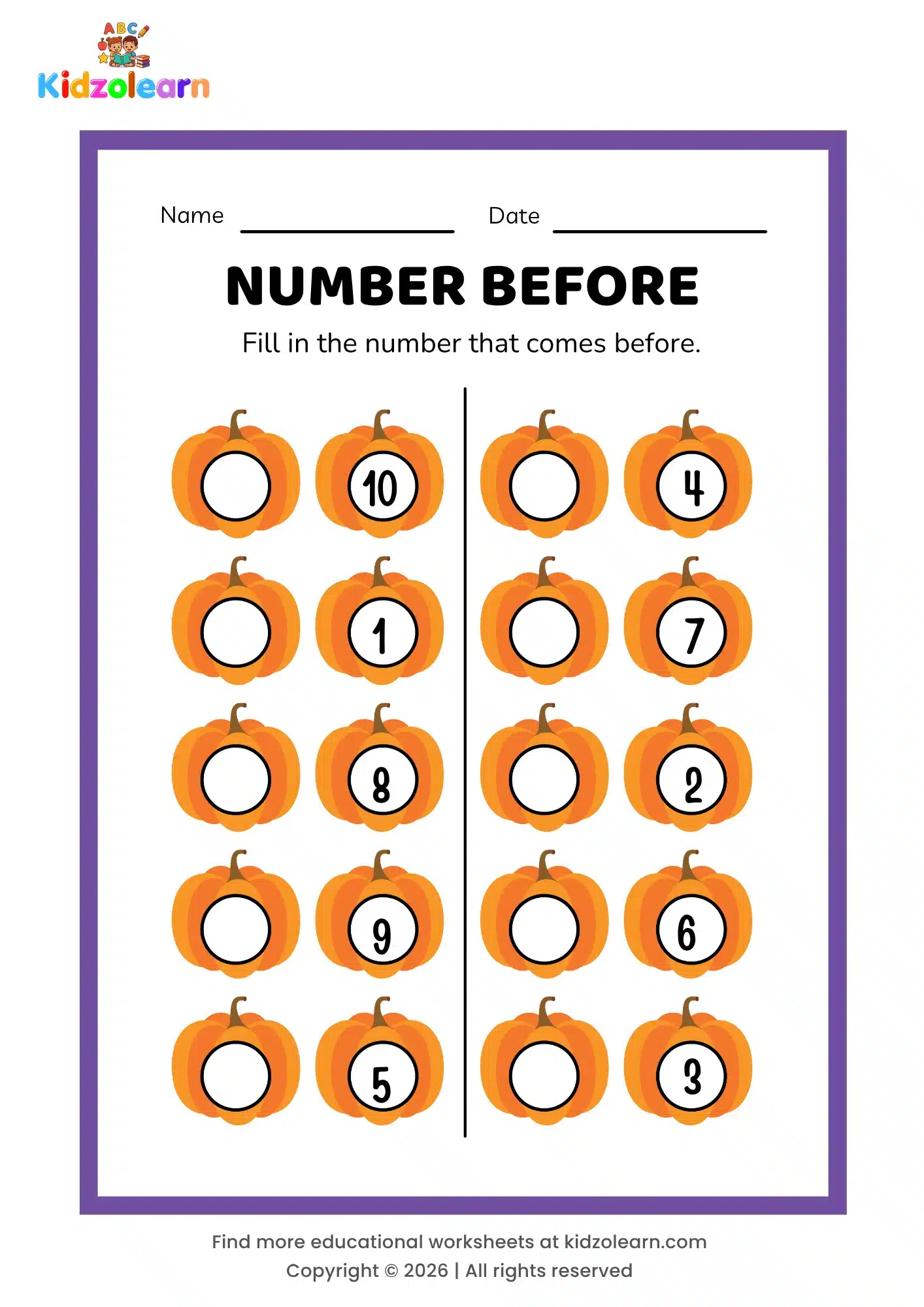 Free what comes before worksheet for kids – printable PDF with pumpkin-themed number before activity, numbers 1-10
