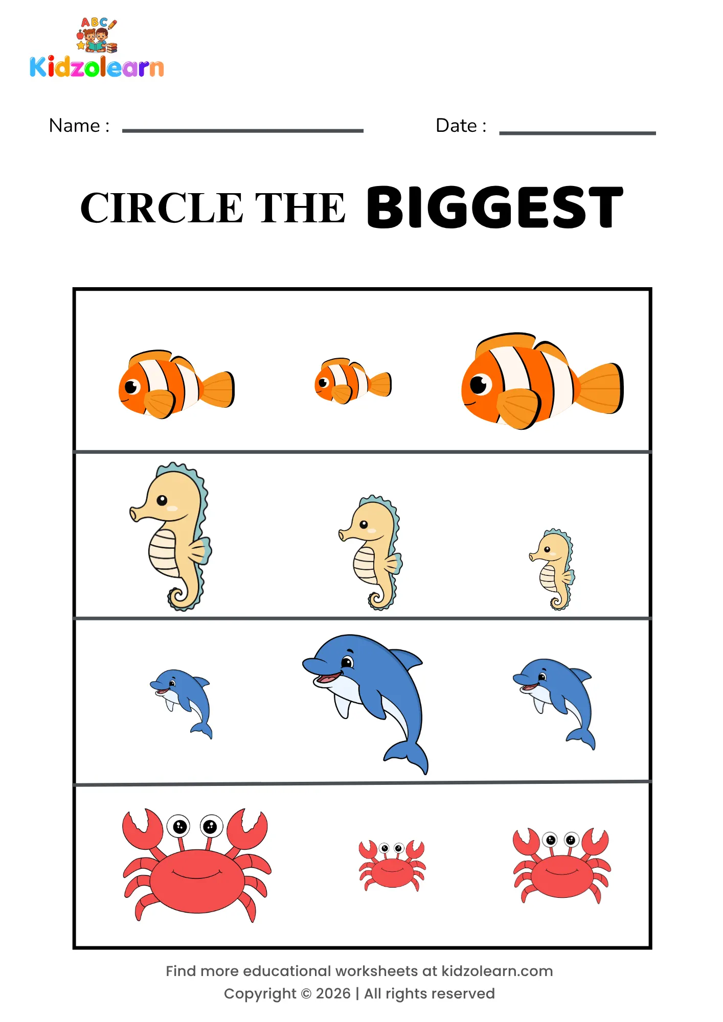 Free big and small worksheet for kids – printable PDF showing a clownfish, seahorse, dolphin and crab for visual size comparison practice