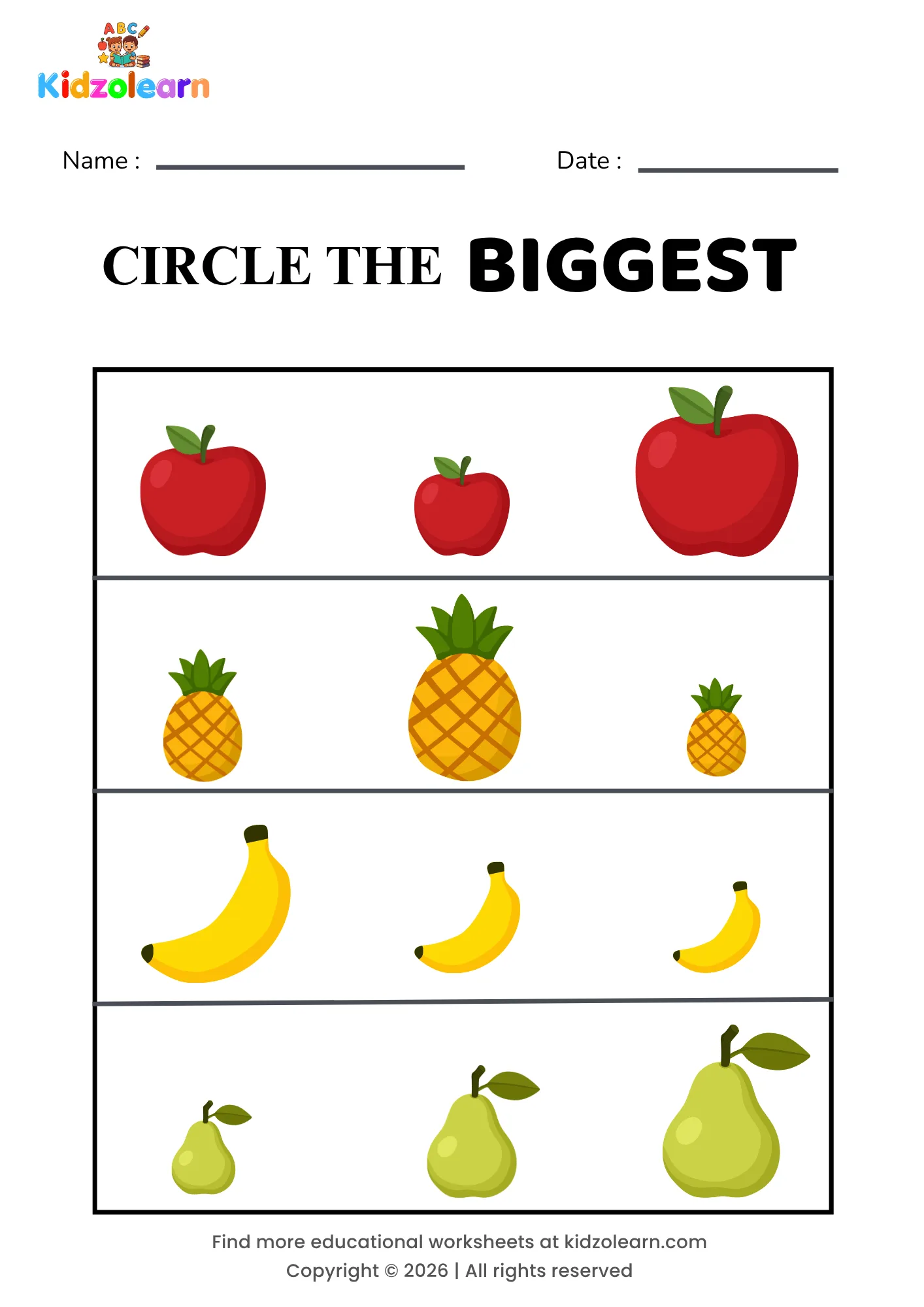 Free biggest and smallest worksheet for kids – printable PDF showing an apple, pineapple, banana and pear for visual size comparison practice