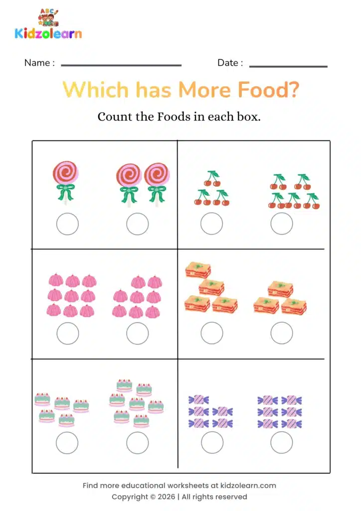 Free counting comparison worksheet for kids – printable PDF showing lollipops, cherries, cupcakes, lasagna slices, mini cakes and candies for counting and quantity comparison practice