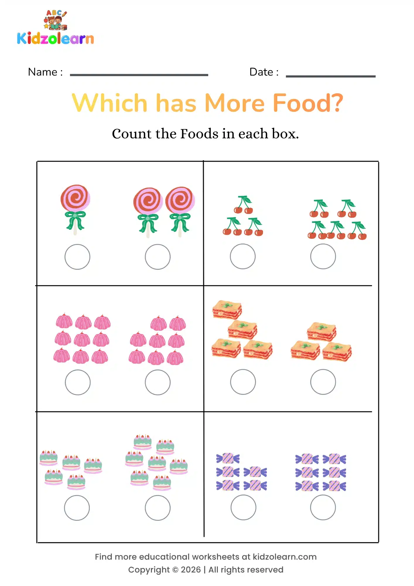 Free counting comparison worksheet for kids – printable PDF showing lollipops, cherries, cupcakes, lasagna slices, mini cakes and candies for counting and quantity comparison practice