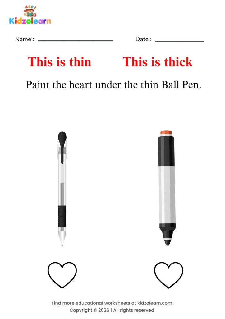 Free fat and thin worksheet for kids – printable PDF showing a thin ball pen and a thick ball pen for thickness comparison practice