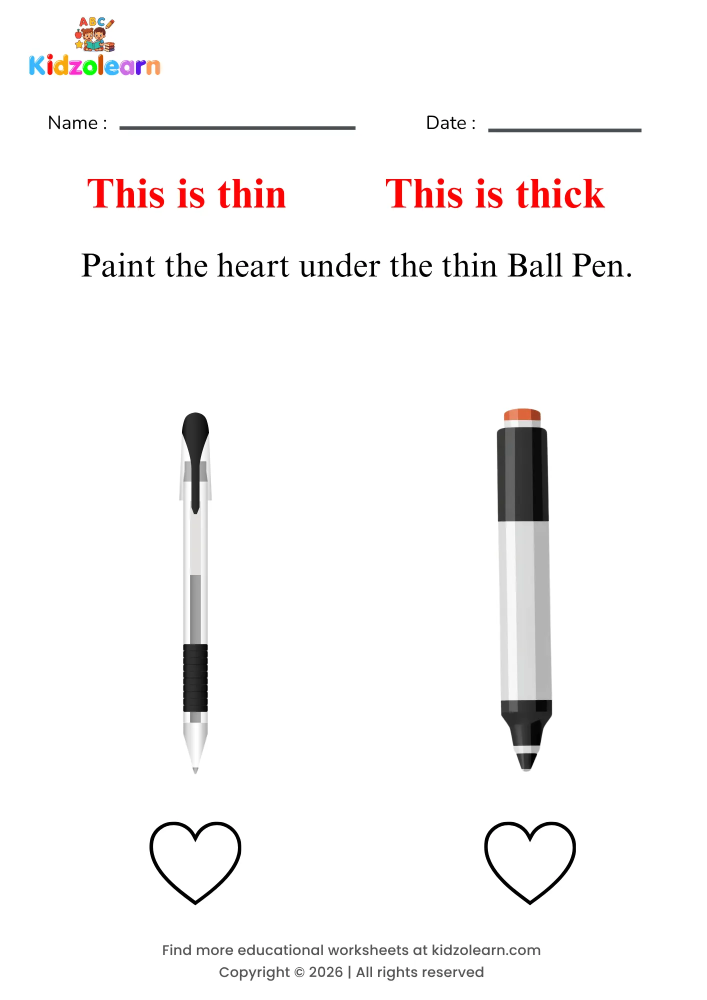 Free fat and thin worksheet for kids – printable PDF showing a thin ball pen and a thick ball pen for thickness comparison practice
