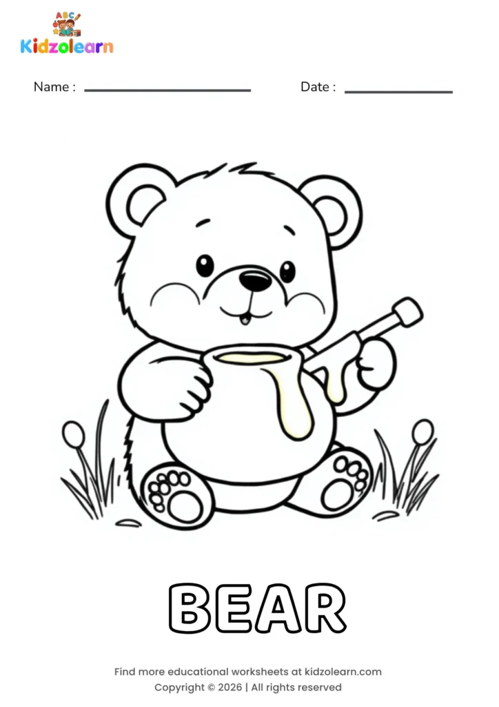 Free bear coloring page for kids – printable PDF of a round, fuzzy bear cub sitting in the grass and holding a honey pot with a honey dipper