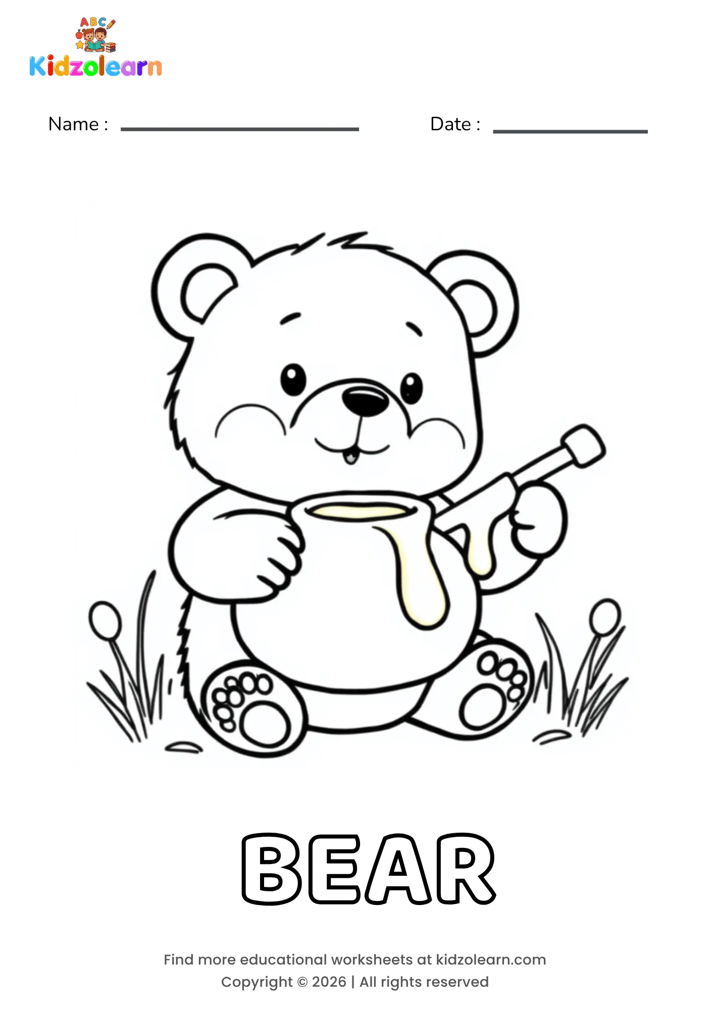 Free bear coloring page for kids – printable PDF of a round, fuzzy bear cub sitting in the grass and holding a honey pot with a honey dipper