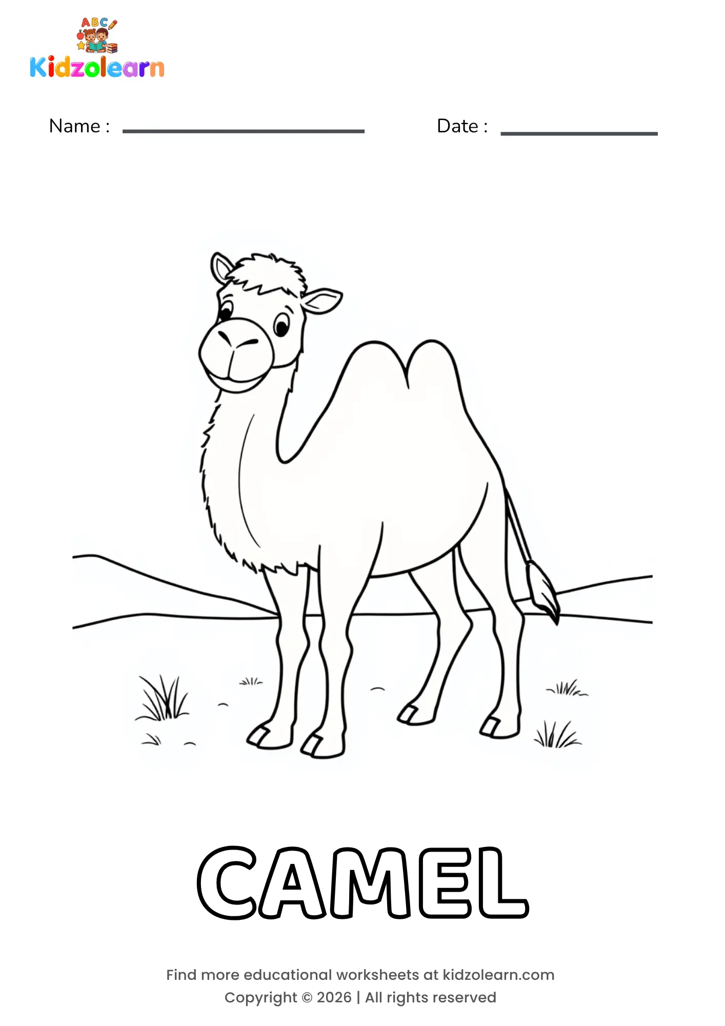 Free camel coloring page for kids – printable PDF of a camel with a single hump, standing in a desert scene with small tufts of grass nearby