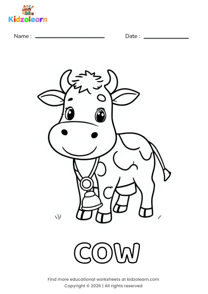 Free cow coloring page for kids – printable PDF of a gentle cow with curved horns, a tuft of hair between its ears and a bell hanging from its neck.