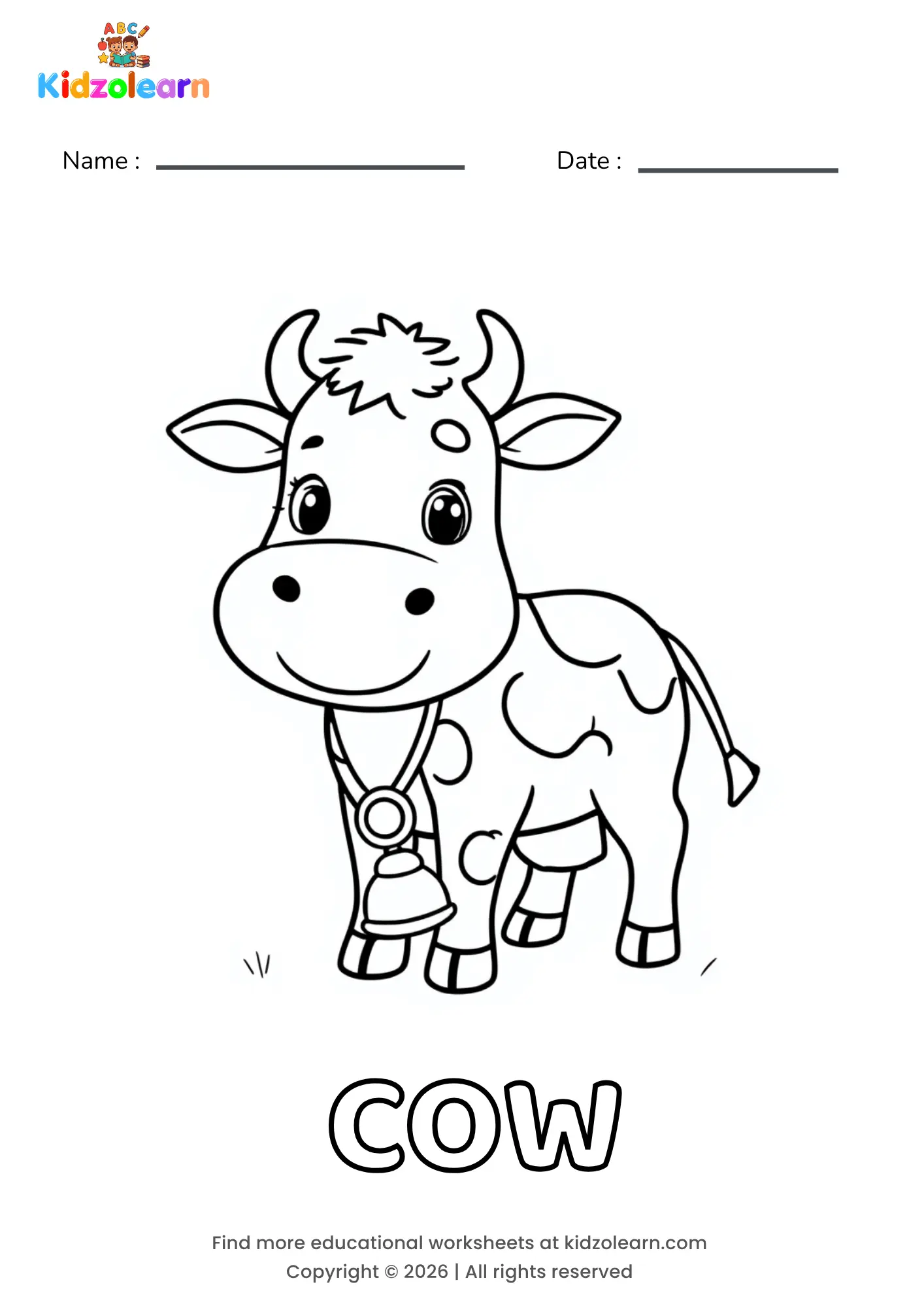 Free cow coloring page for kids – printable PDF of a gentle cow with curved horns, a tuft of hair between its ears and a bell hanging from its neck.