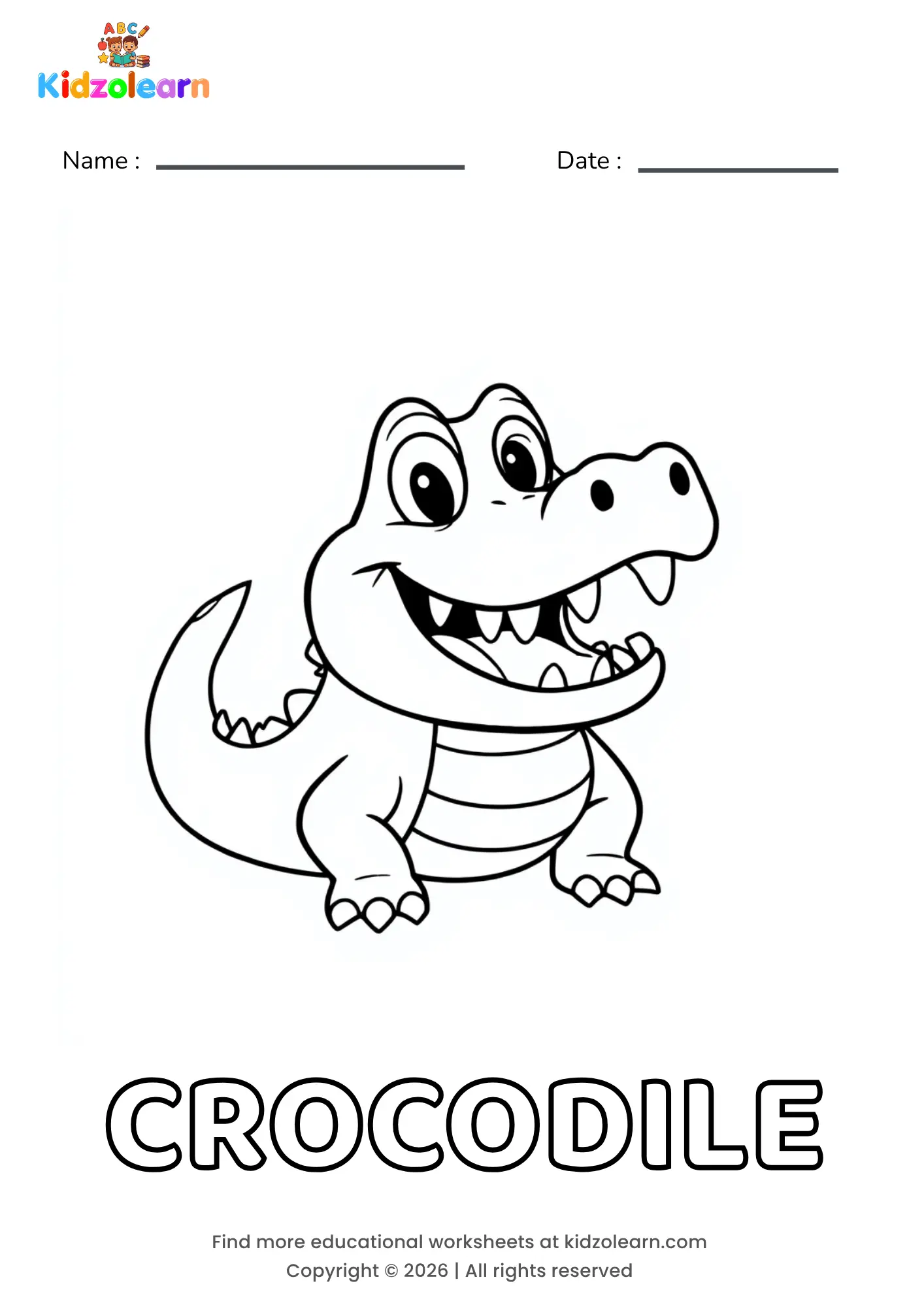 Free crocodile coloring page for kids – printable PDF of a grinning crocodile with visible teeth, a long ridged tail and short stubby legs